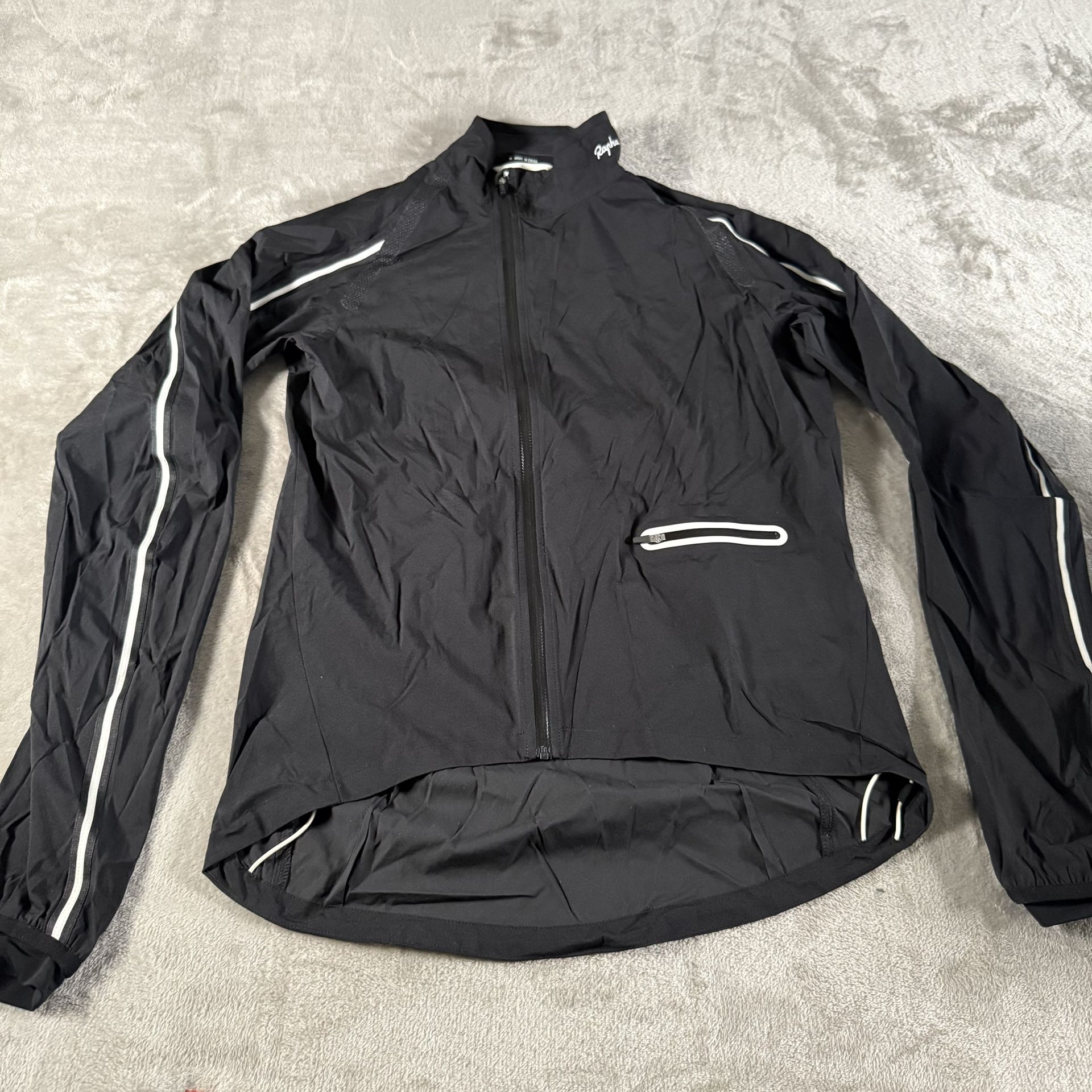Rapha Jacket Mens Medium Black Stowaway Jacket Reflective Striped Cycling