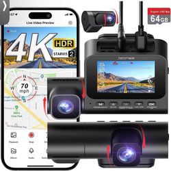  Channel 4K Dash Cam, Dash Camera for Cars with Starvis 2 HDR Night Vision, 4K+1080P+1080P Front Inside and Rear Triple Car Camera, GPS, 24-Hour Parki