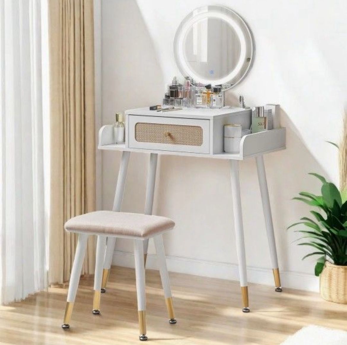 Makeup Vanity Set For Bedroom, Small Dressing Desk For Child With Lighted Mirror, White Vanity Table With Charging Station And Stool