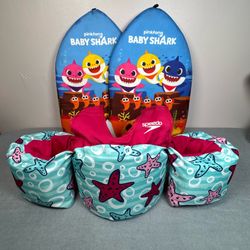 Speedo Child Swim Vest & Arm Float floaties small 30-50 lbs and TWO Baby Shark boogie boards