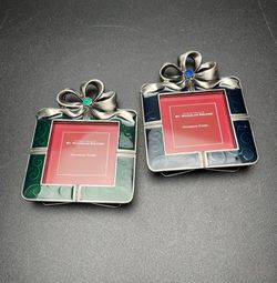 2 Enamel Rhinestone Mini Picture Photo Frames Dark Blue Green Bow Present Gift