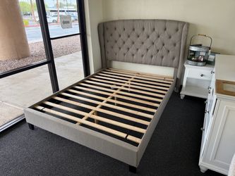 Gray Tufted Upholstered Wingback Bed Frame