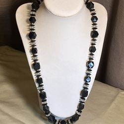 VTG 1960’s Silver Tone Black & Clear Beaded Necklace