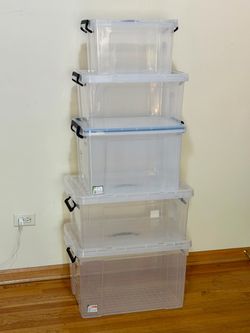 Set of 5 Brand‑New Heavy‑Duty Clear Storage Totes, Top Lid Handle + Side Pull Handles