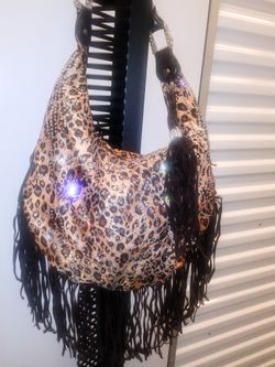 Brown leopard animal print fringe purse
