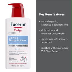 Eucerin Baby Lotion with Provitamin B5 and Shea Butter, Hypoallergenic, Fragrance Free, 13.5 fl oz
