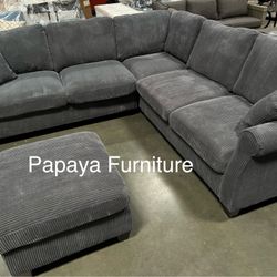 Comfy Plush Sectional Couch, Sectional And Ottoman, Grey Sofa, Gray Couch, Corduroy Sectional, L-Shaped Sofa, Living Room Sofa Set, Plush Couch