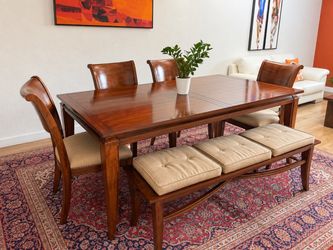 Expandable Wood Dining Table Set with 5 Chairs & Bench