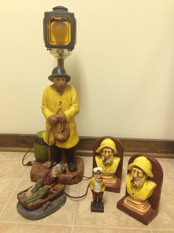 Vintage fisherman lamp, bookends and figurine "rare"