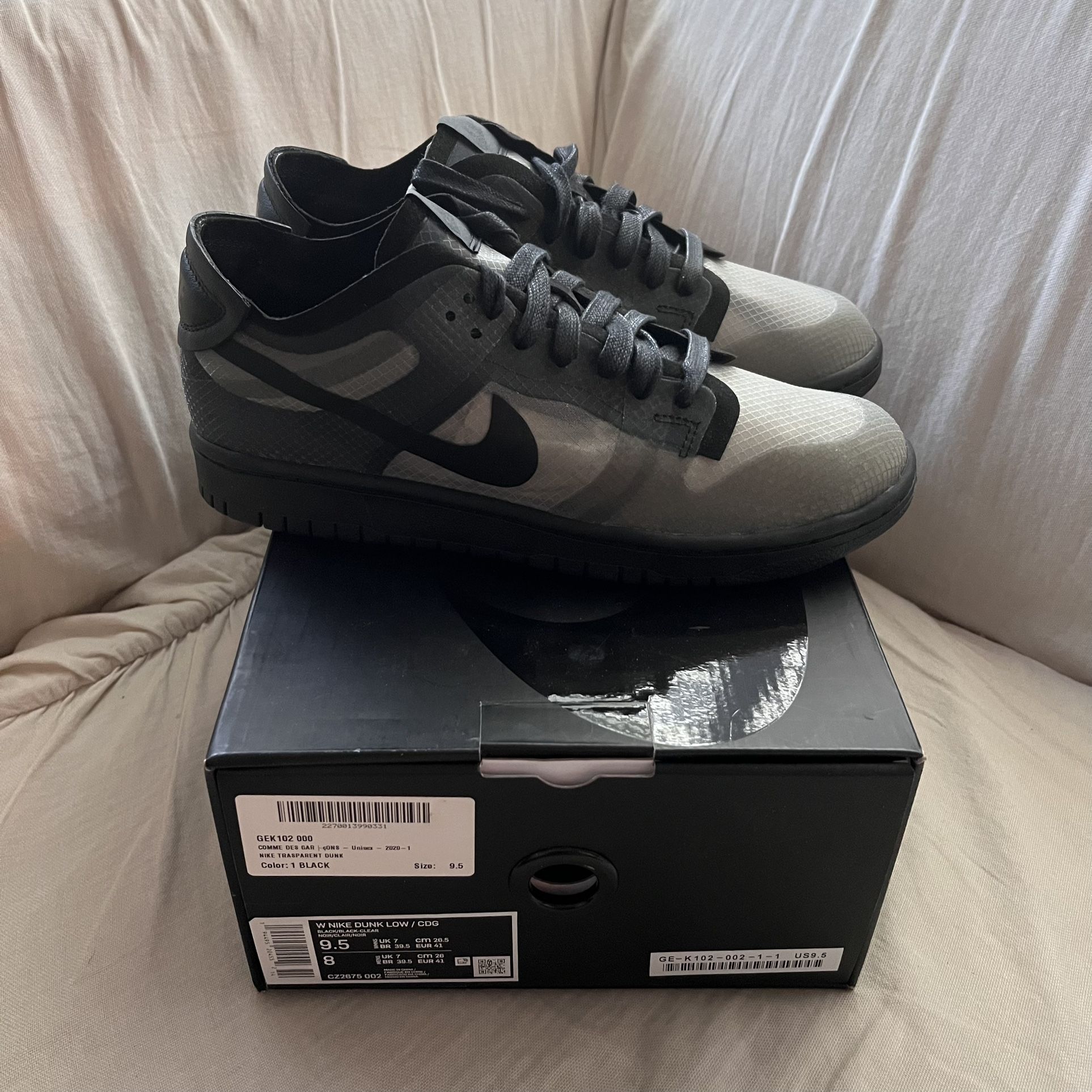 Commes Des Garçons CDG X Nike Dunk Low Black Grey See-Through New 