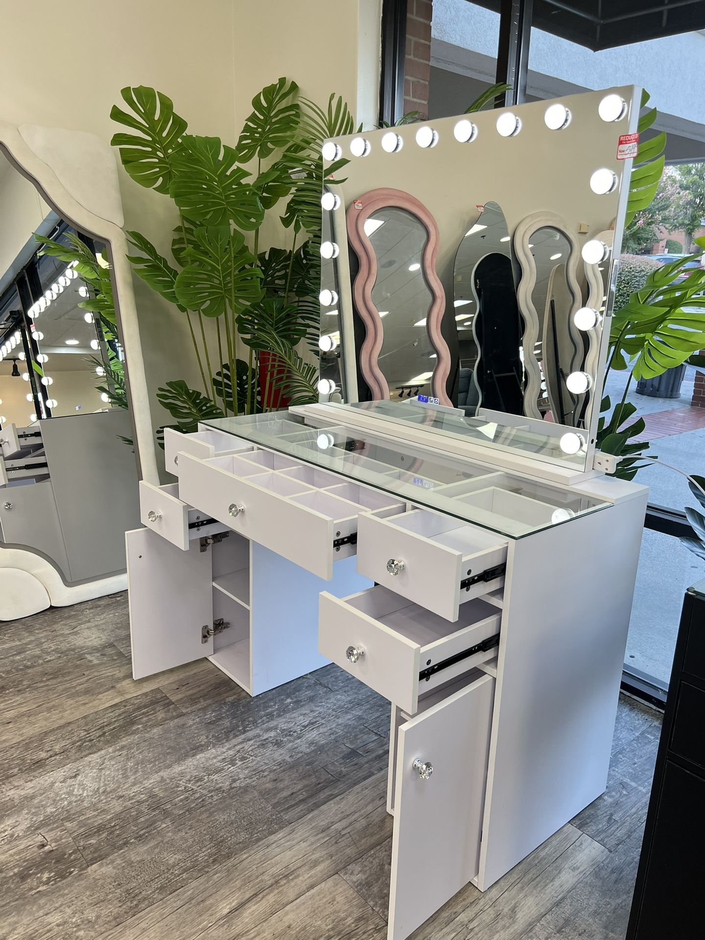 Premium White Vanity with LED Light,Bluetooth Speak,Time and Temperature Available Deliver