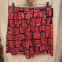 NWT~ETHIKA Red Black Off Set Scribble Design Basketball Shorts Size Medium