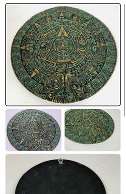 Vintage 11" Green Cast Resin Mexico Mesoamerican Maya Calendar Olmec Wall Art