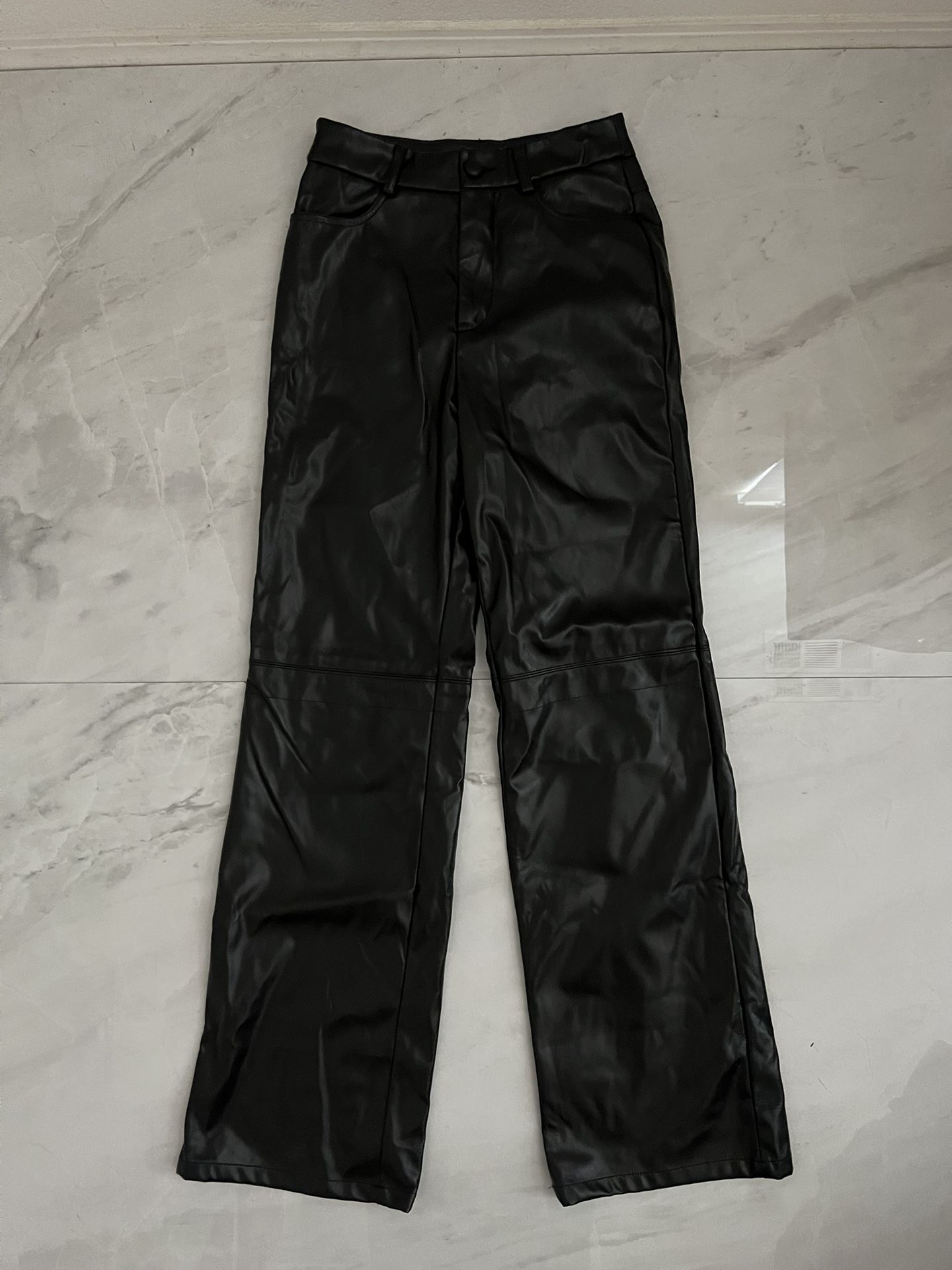 Shein petite Black faux leather wide leg pants