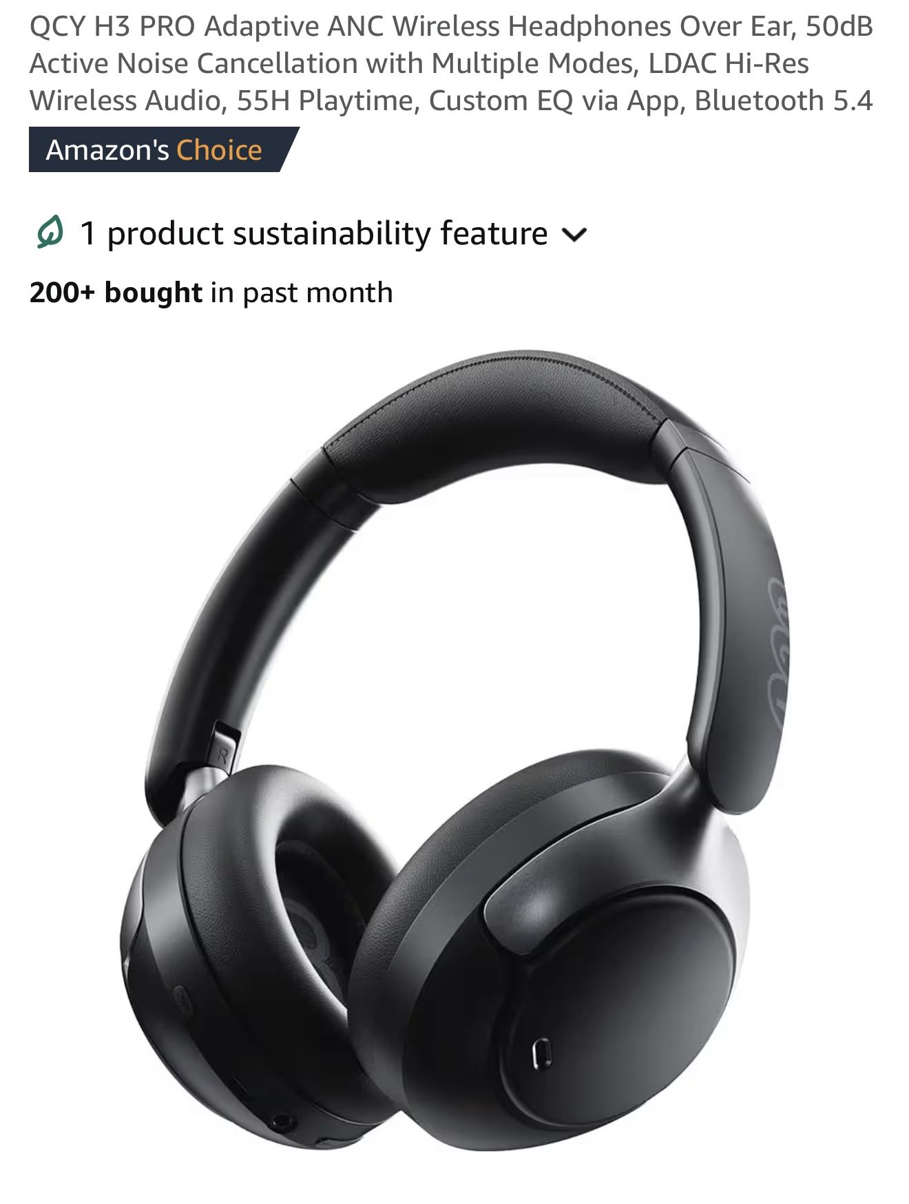 QCY H3 PRO Adaptive ANC Wireless Headphones Over Ear, 50dB Active Noise Cancellation with Multiple Modes, LDAC Hi-Res Wireless Audio, 55H Playtime, Cu