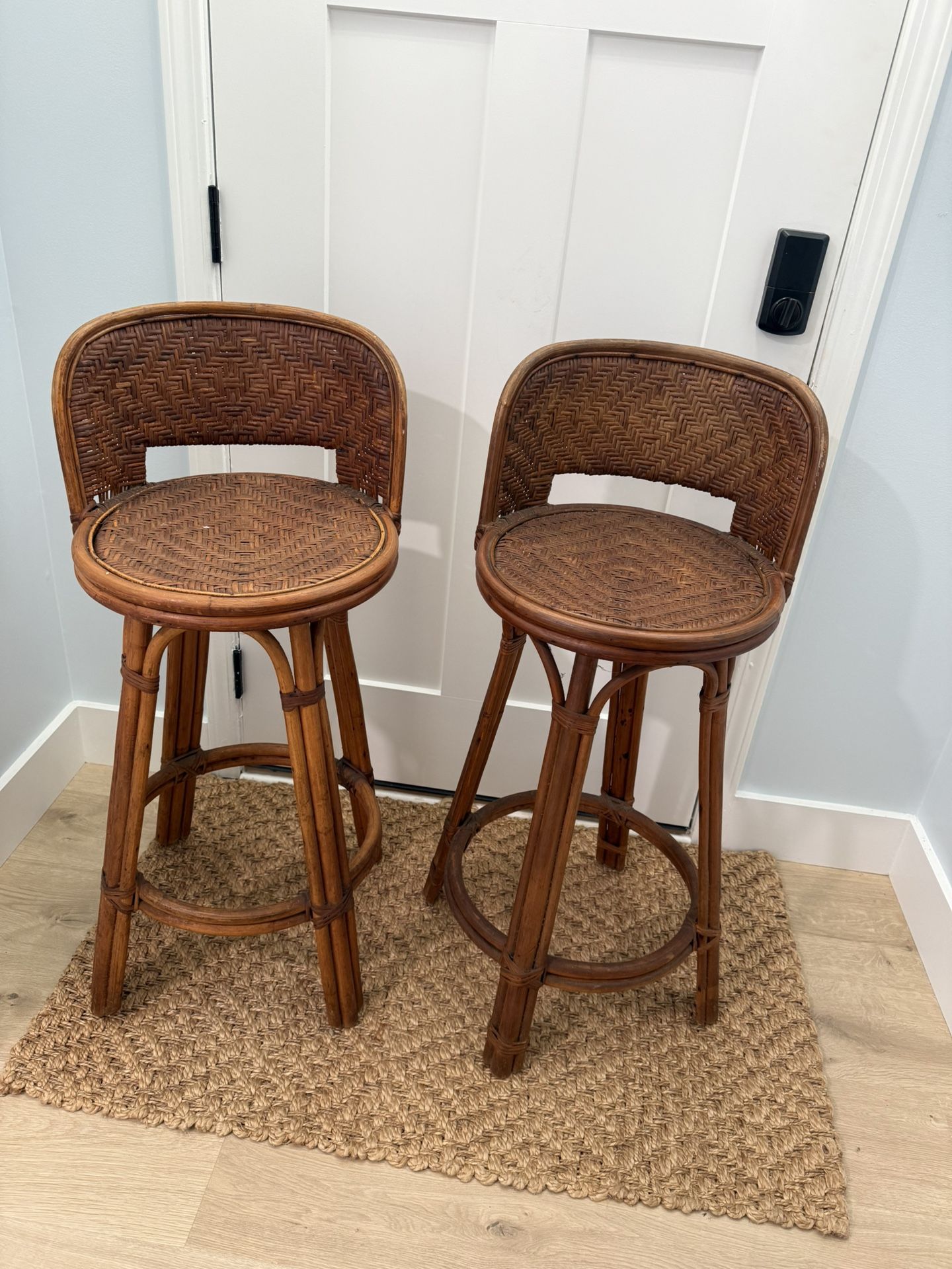 Vintage Coastal Woven Rattan Bar Stools Set Of 2