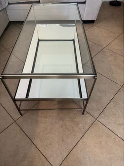 Modern Glass Coffee Table w/ Metal Frame + Shelf