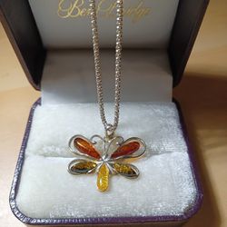 Baltic Amber Butterfly Pendant Necklace Sterling Silver 