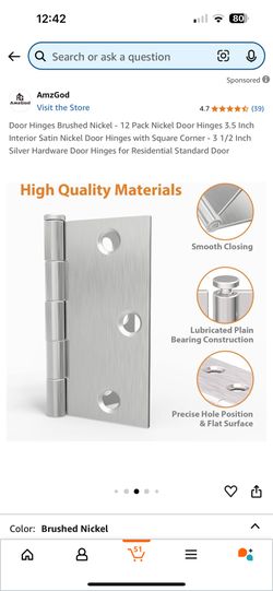 Amzgod Door Hinges Brushed Nickel - 12 Pack Nickel Door Hinges 3.5 Inch Interior Satin Nickel Door H