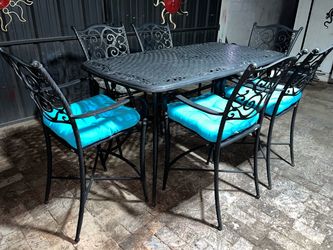 Long Rectangular 72” Aluminum Tall Outdoor Patio Table & 6 Tall Aluminum Outdoor Chairs w/ Cushions