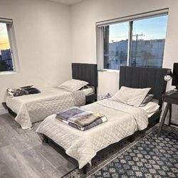 LIKE NEW! Pair of Stylish Twin Beds + Bunkie Boards – Only 2 Months Old!