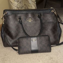 Coach Brown Signature Canvas Tote With Black Trim With Wallet