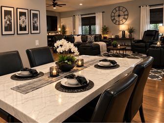 Ashley Furniture Dining Table with 6 black leather chairs