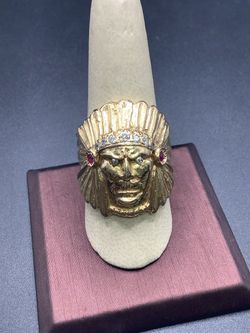 14KT Gold Native American Chief Face Ring with Diamonds 19.7 grams (Size 10)