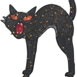 Halloween Light Up Lighted Tinsel Black Cat 28" Works Indoor Outdoor Home Accent