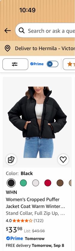 WHN Women's Cropped Black Puffer Jacket size Small