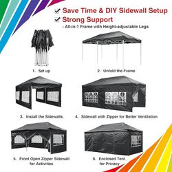 10x20 Easy Up Canopy Gazebo,Carport Canopy Tent  with 6 Removable Sidewalls,Comercial Pop Up Tent for Parties All Weather Waterproof and UV 50+