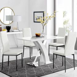Atlanta 4 White Dining Table and 4 White Milan Silver Leg Chairs