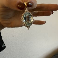 14K Solid Gold Pendant with Aquamarine and Natural Diamonds, 10.08 grams