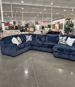 (NEW IN BOX) Large Blue Fluffy Cord Sectional  -FINANCE AVAILABLE