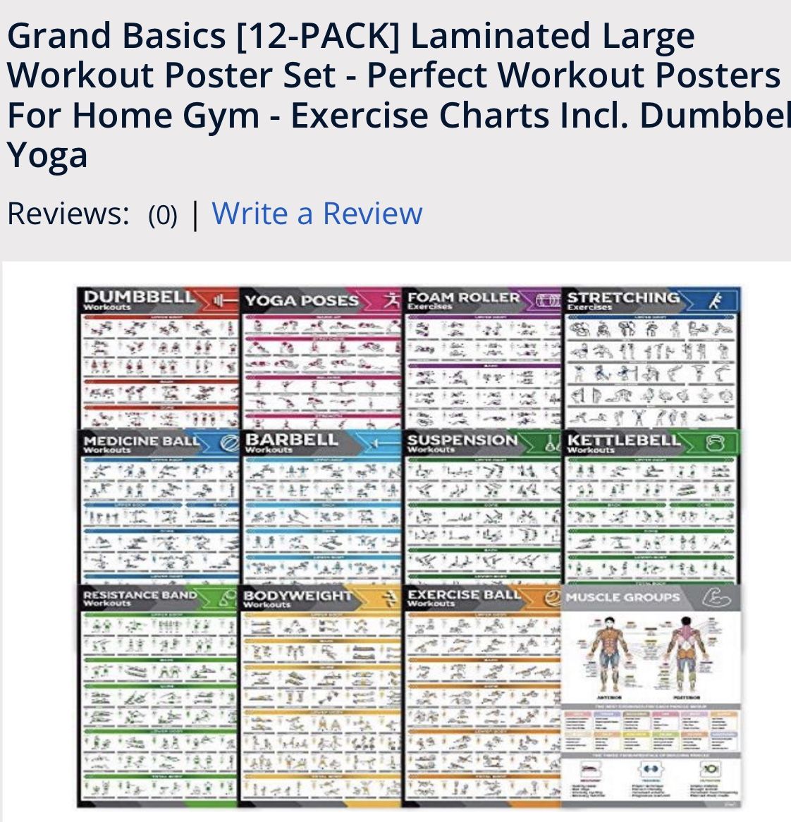 Grand Basics [12-PACK] Laminated Large Workout Poster Set - Perfect Workout Posters For Home Gym - Exercise Charts Incl. Dumbbel Yoga