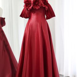 Elegant Burgundy Satin Off Shoulder Evening Dress 