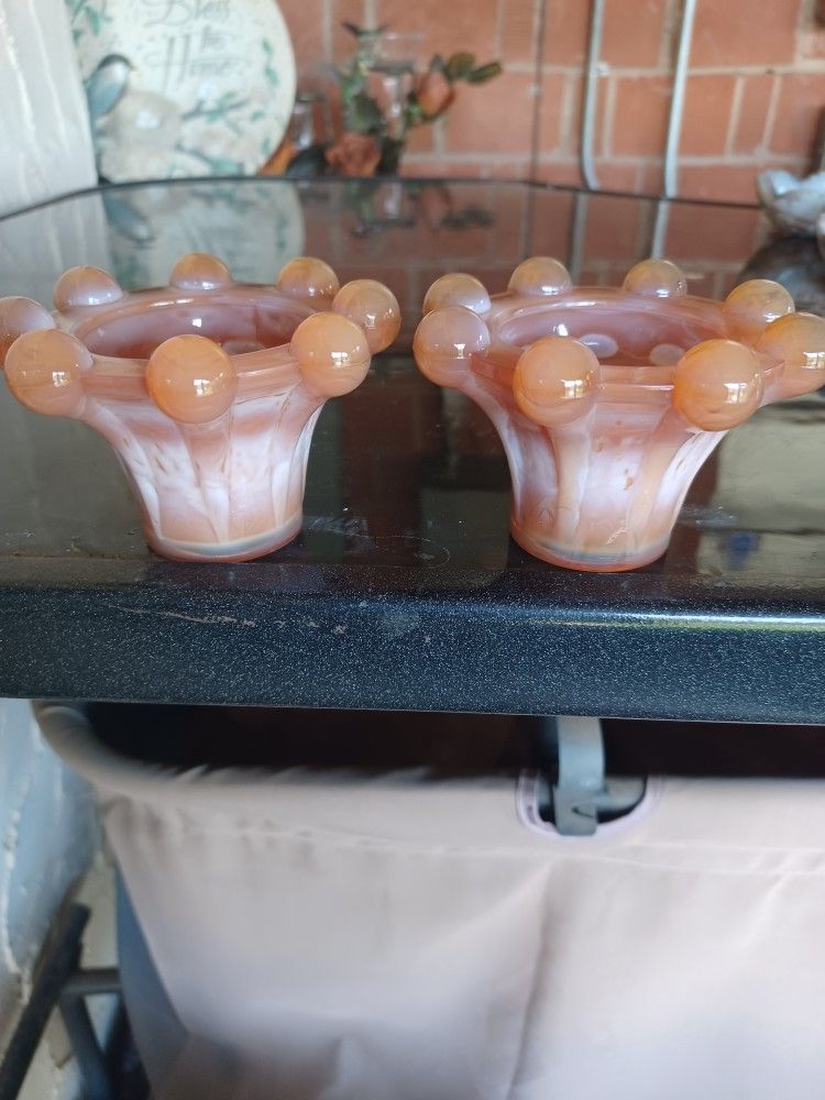 Pair Of Vintage Carmel Slag Candle Holders