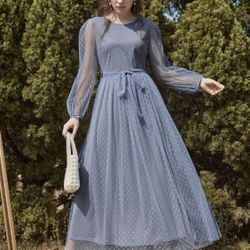 Dobby mesh bishop sleeve belted maxi dress. Bridesmaids dress