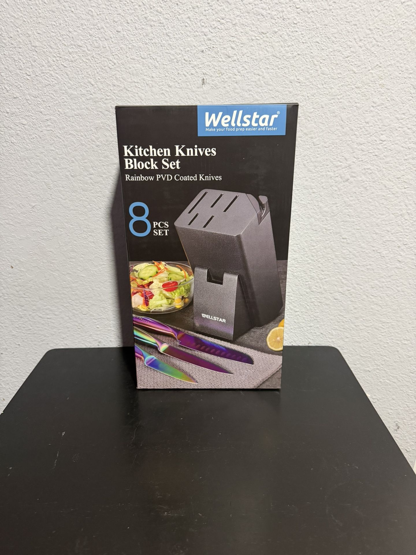 WELLSTAR Rainbow Knife Set 8 Pieces, Iridescent German Stainless Steel Kitchen Knives Set with Wooden Block, Colorful Titanium Coating, Chef’s Knife B