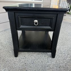 Black Wood Side Table with Drawer and Shelf
