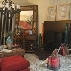 MOVE OUT SALE- TUSCAN STYLE WINE BAR CABINET WITH LARGE DETACHED MORROR HUTCH