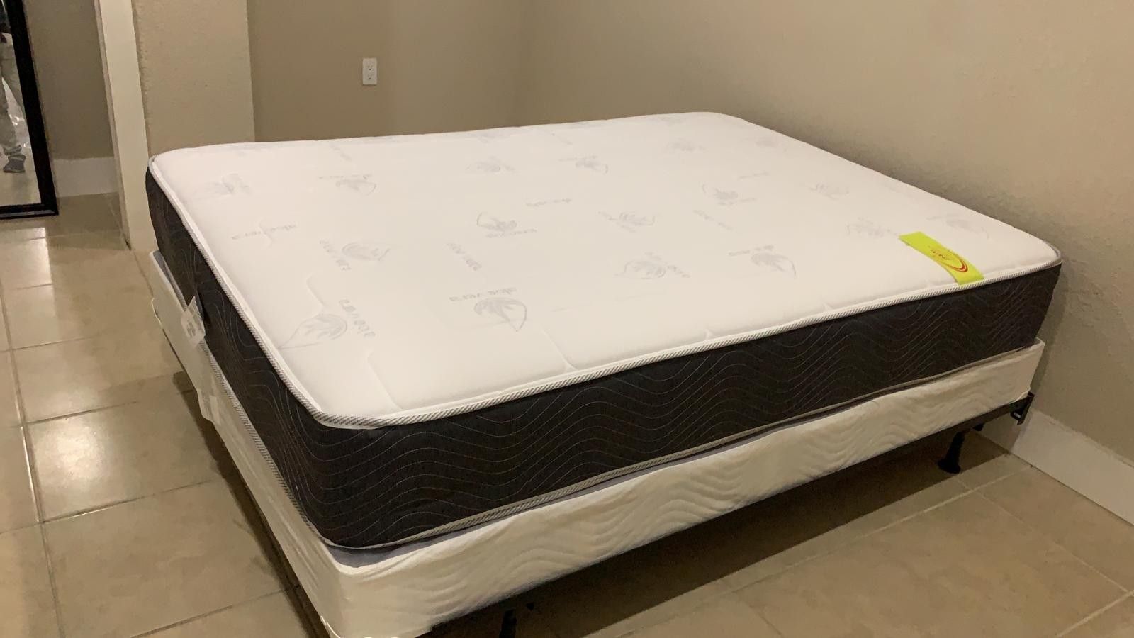 New full mattress and box spring 2 pc. Bed frame is not included