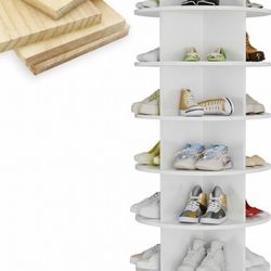 Wooden Rotating Shoe Rack Tower, 7-Tier Spinning Shoe Organizer, Free Standing 360° Revolving Lazy Susan Shoe Rack for Entryway, Fits 28 Pairs of Shoe