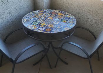 Wrought Iron & Tile Table and 2 Chairs