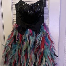 Malisha Strapless Black Sequin and Colorful Feather Party Dress Size 4 - $30