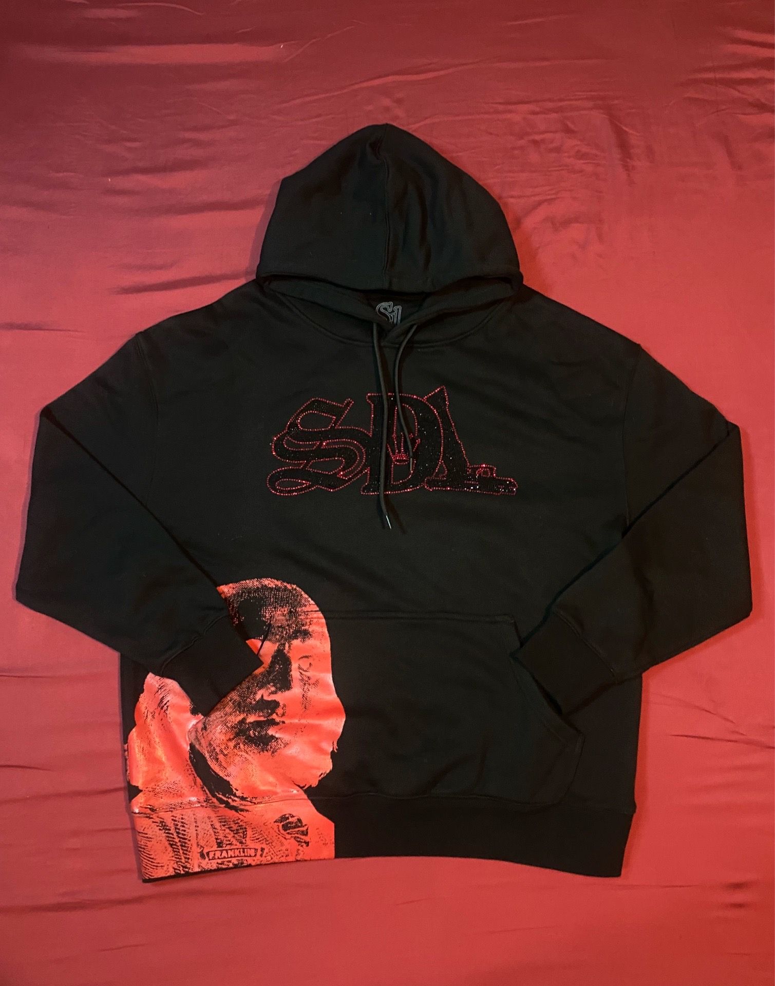 New L-XL Black SDL Hoodie With Rhinestones
