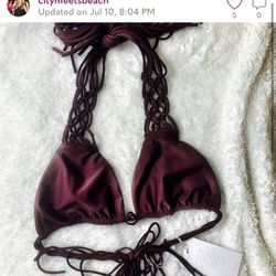 Mikoh Waipahu Macrame-detail triangle bikini top Burgundy Multi String Small NWT