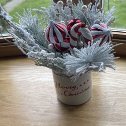 Ceramic Christmas Pot With Candy Cane Decoration 