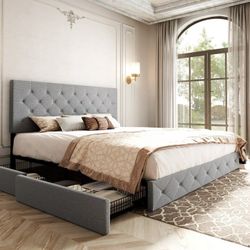 king Platform Bed Frame with 4 Drawers Storage