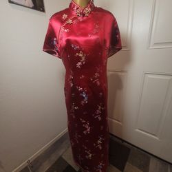 VTG 1990 Red 100% Silk Floral Print Cheongsam XXL Slits On Both Sides 
